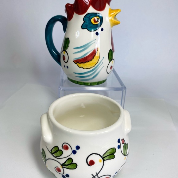 Vintage Clay Art Mosaic Rooster Cream Pitcher And Sugar Bowl Hand painted  Fun - Picture 3 of 10